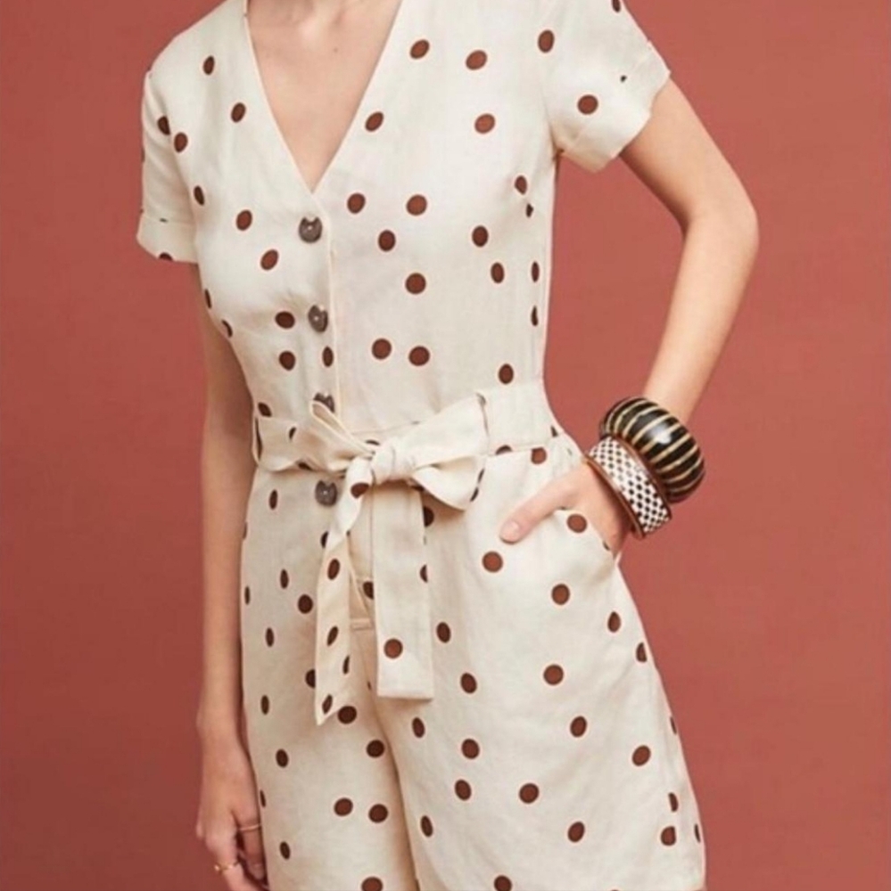 Anthropologie Beige and Brown Dot Jumpsuit